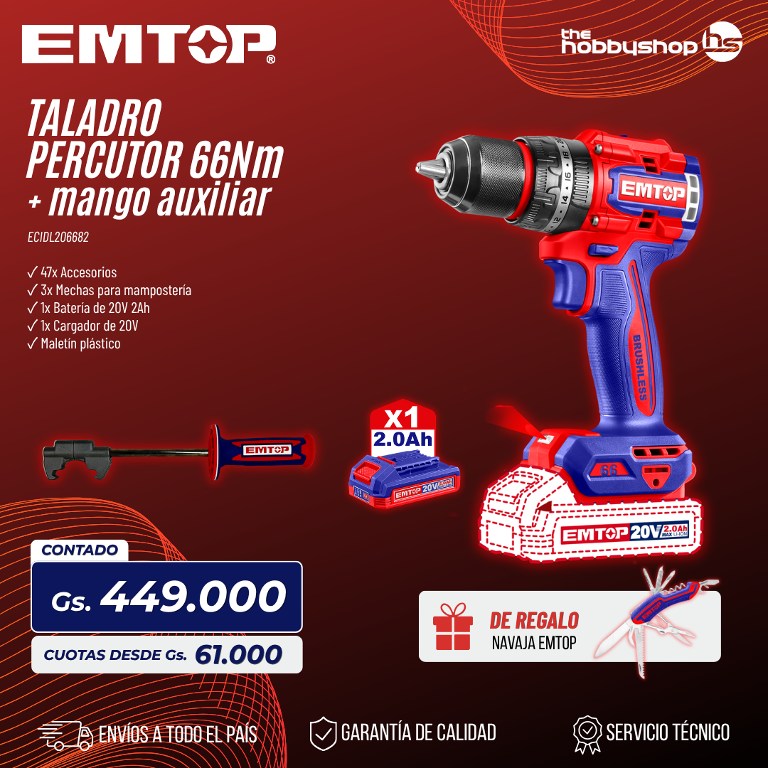 Taladro Percutor 13mm BL. 66Nm + Mango Auxiliar + Navaja