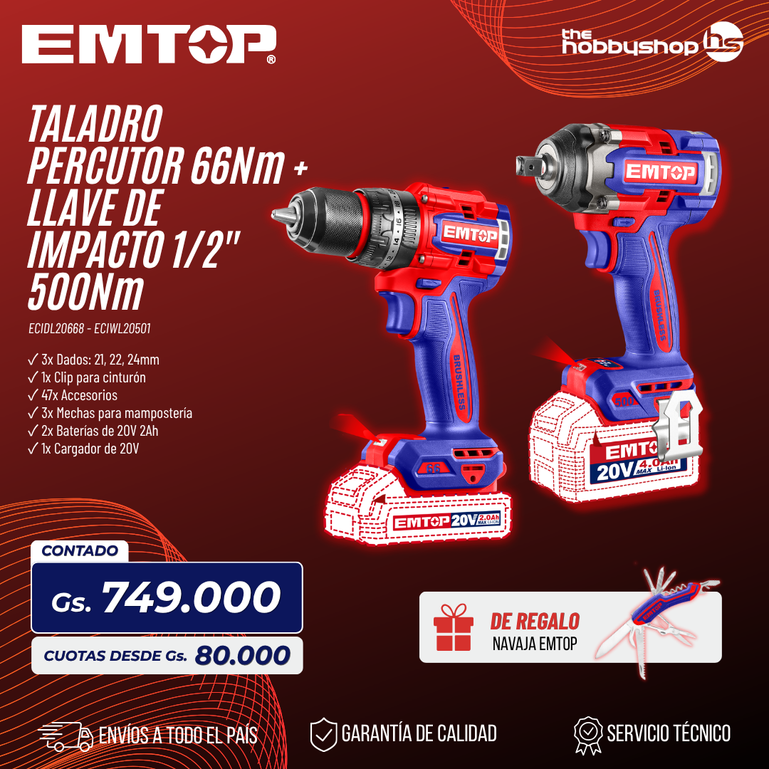Taladro Percutor 13mm BL. 66Nm + Llave de Impacto 1/2" BL 500Nm + Navaja 12 funciones