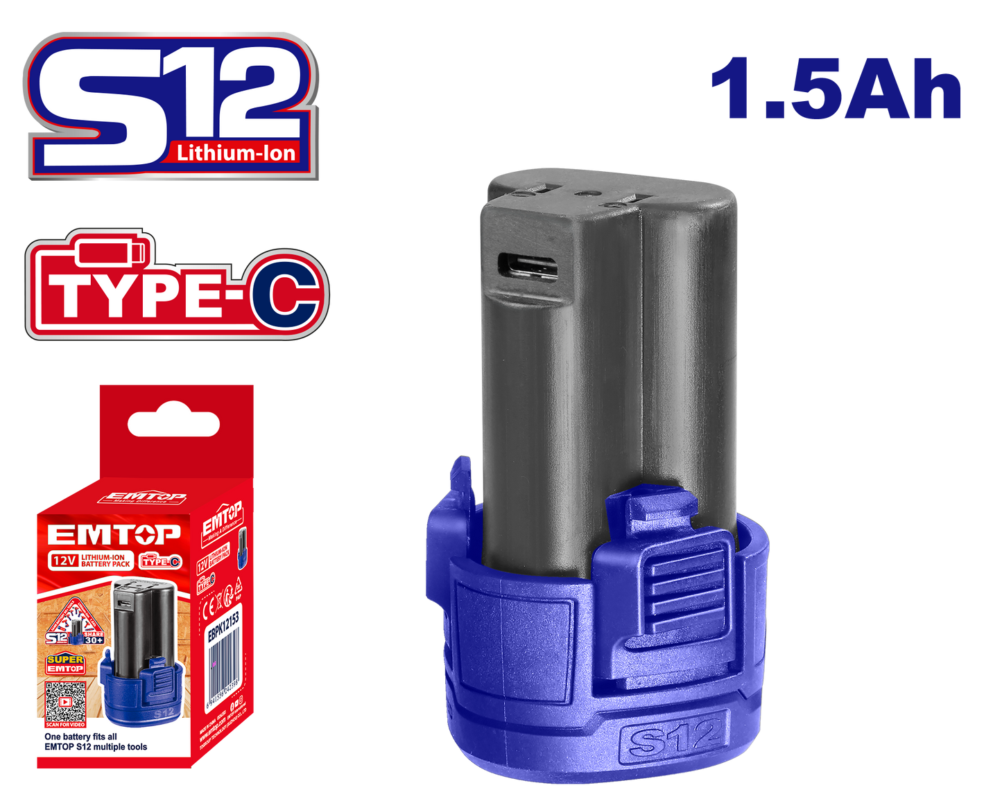 Accesorio - Bateria li-ION 12V 1.5Ah USB Emtop EBPK12153