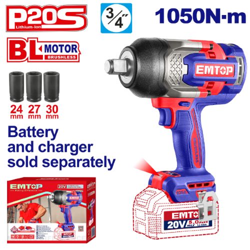 Llave de Impacto 3/4" BL 1050Nm + Acc. sin baterias EMTOP