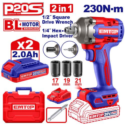 Atornillador 1/4" + Llave de Imp. 1/2" BL 230Nm 2x Bat 20V 2Ah + Acc. (M) EMTOP