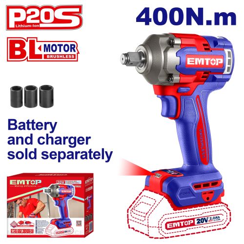 Llave de Impacto 1/2" BL 400Nm + Acc. sin baterias Emtop*