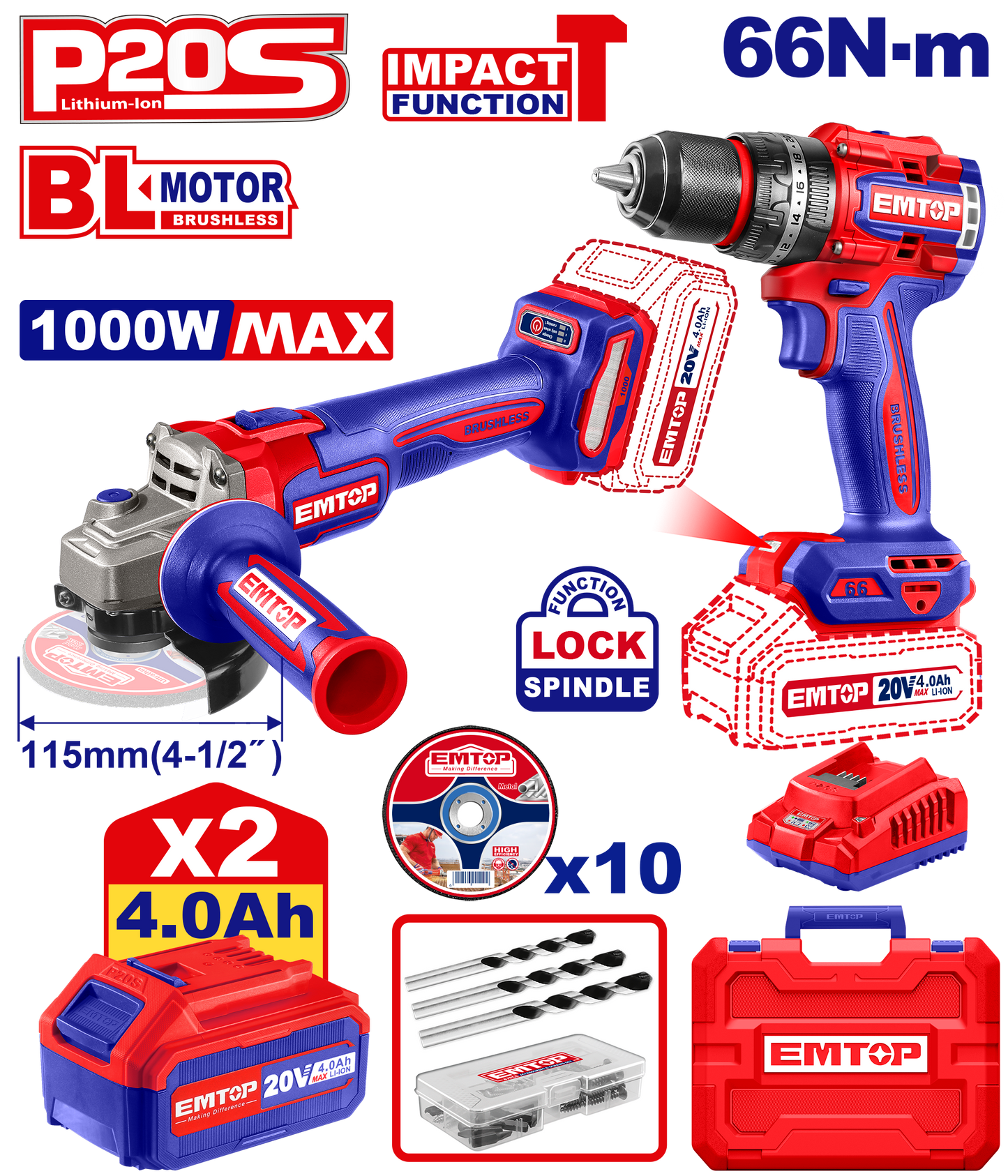 Combo Taladro P. 66nm + Amoladora 1000w BL 2x Bat 20V + 4Ah. + Acc. (M) Emtop