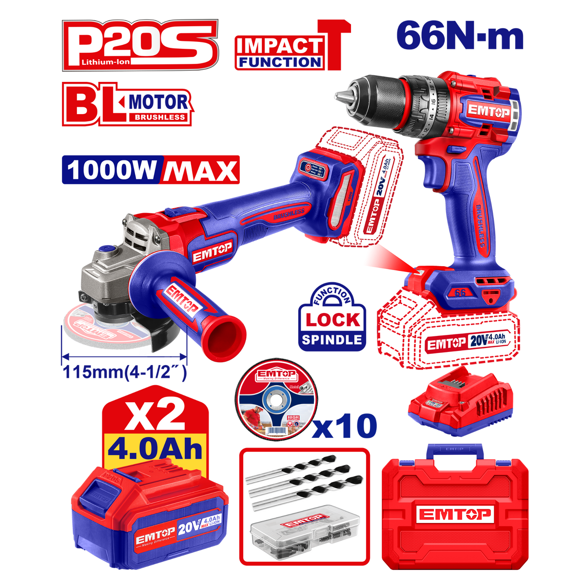 Combo Taladro P. 66nm + Amoladora 1000w BL 2x Bat 20V + 4Ah. + Acc. (M) Emtop