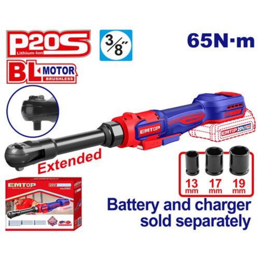 Llave criquet extendida inalam. 3/8" 65Nm + Acc. 20V sin Bateria. Emtop