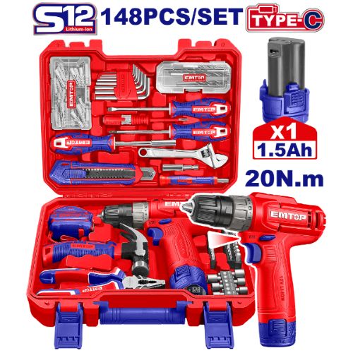 Juego de 148 pzas con Atornillador 12V. (M) Emtop