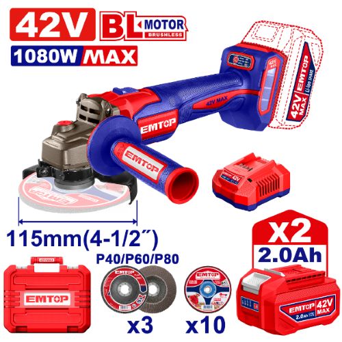 Amoladora 115mm BL 1080W + Acc. 2x Bateria 42V 2.0Ah. (M) EMTOP