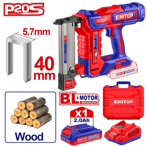 Pistola para grampa (k10-k40) BL. 1x Bat 20V 2Ah (M) Emtop