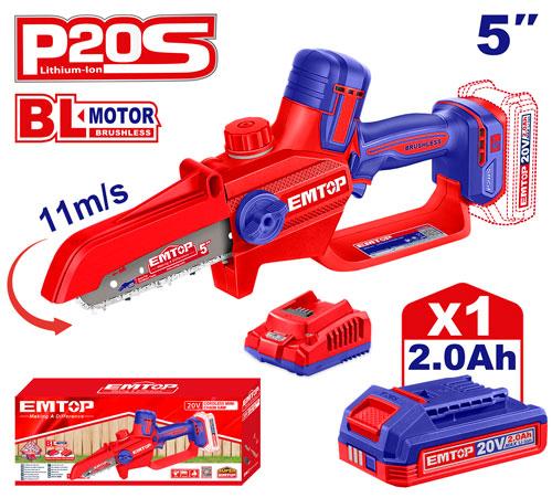 Mini motosierra 5" (Autolub) BL + Acc. 2x Bat 20V 2Ah. Emtop