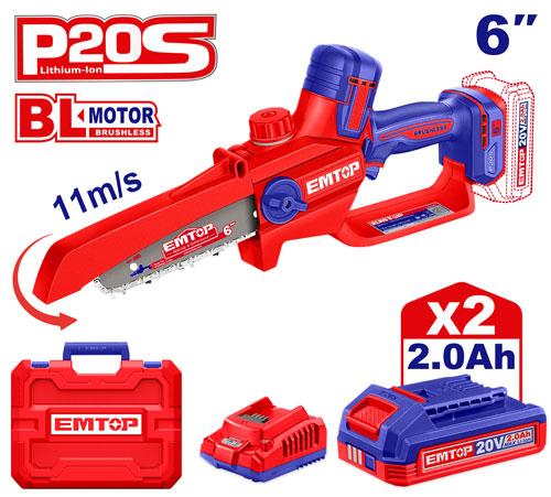 Mini motosierra 6" (Autolub) BL + Acc. 2x Bat 20V 2Ah. (M) Emtop