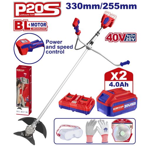 Desmalezadora 40V(20V+20V) BL. 2x Bat 20V 4Ah. + Acc. Emtop