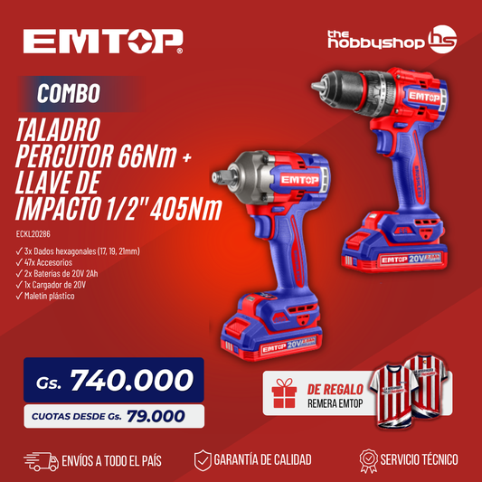 Combo Taladro Perc. + Llave de impac. BL 2x Bat 20V 2Ah. + Acc. (M) Emtop + REMERA