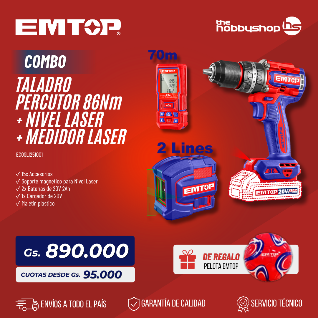 Combo Taladro P. 13mm BL. 86Nm. 2x Bat 2Ah + Auto nivel. + Med. Laser (M) Emtop + PELOTA Y MANGO AUXILIAR