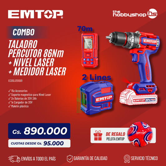 Combo Taladro P. 13mm BL. 86Nm. 2x Bat 2Ah + Auto nivel. + Med. Laser (M) Emtop + PELOTA Y MANGO AUXILIAR