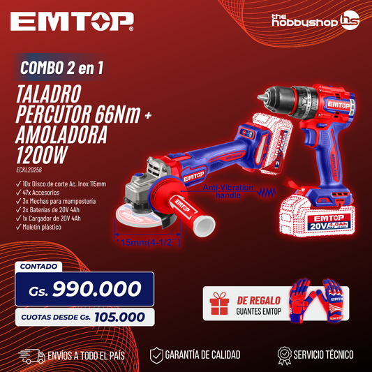 Combo Taladro Perc. + Amoladora (1200w). BL 2x Bat 20V + 4Ah. + Acc. (M) Emtop + Guante para mecánica