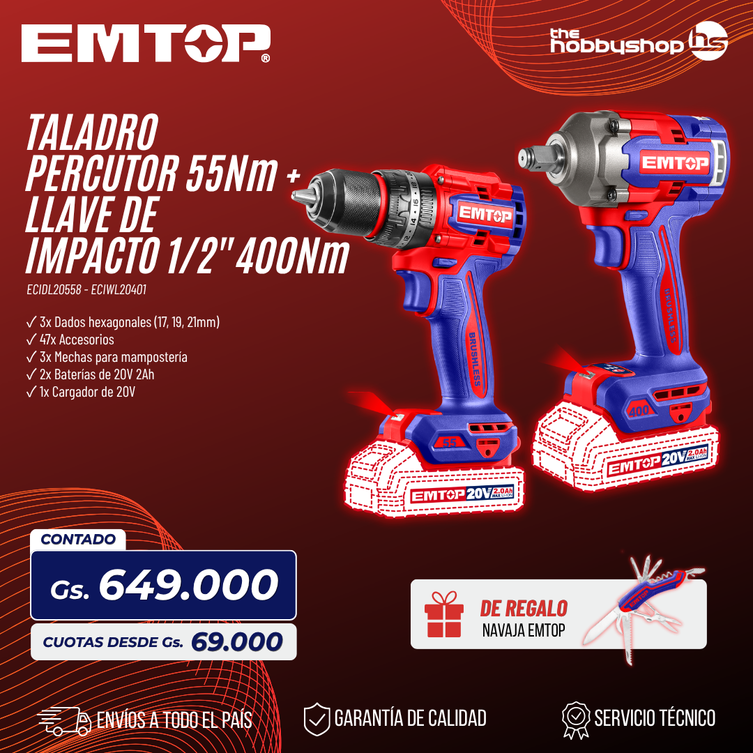 Taladro Percutor 13mm BL. 55Nm + Llave de Impacto 1/2\" BL 400Nm + Navaja