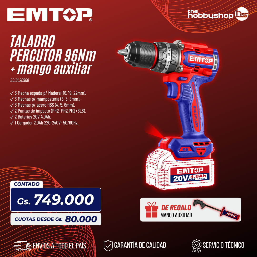 Taladro Percutor 13mm BL. 96Nm + Mango Auxiliar