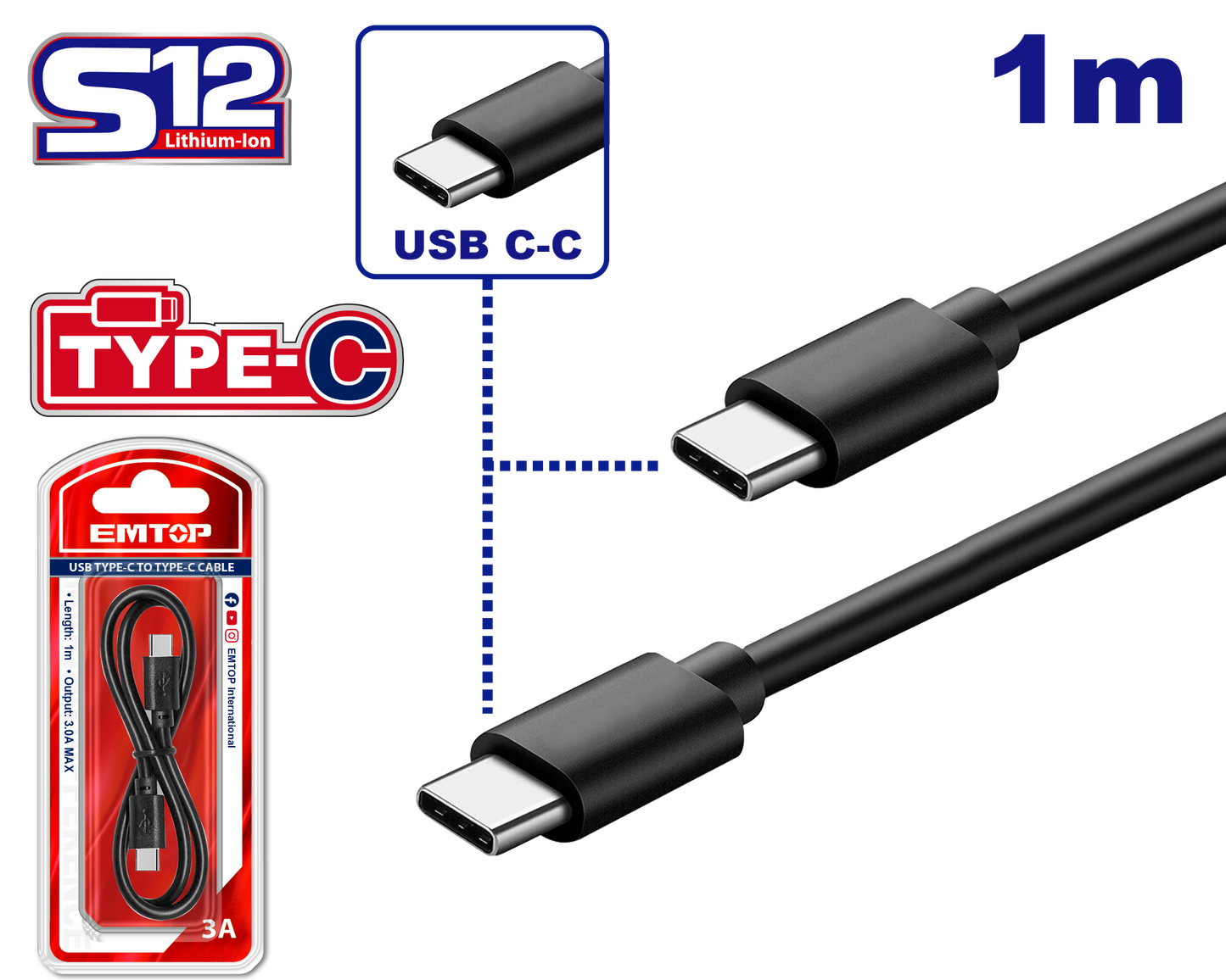 Accesorio - Cable USB Tipo C - C 1m. Emtop EUCC02