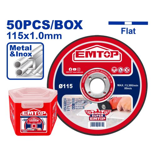 Disco de Corte Ac. Y Ac. Inox. (115x1.0x22.2mm). Caja x50Un. Emtop