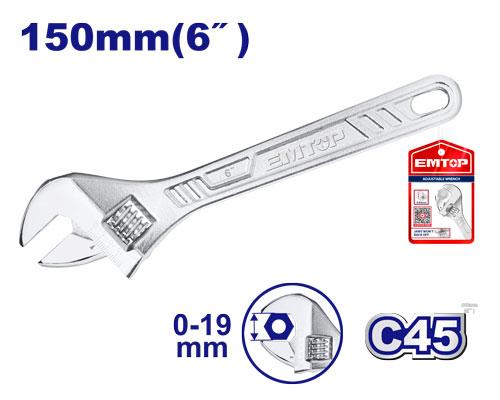 Llave ajustable 6". 0 - 19mm Emtop