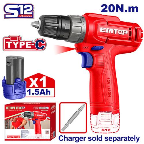 Taladro Atornillador 10mm. 20Nm 1x Bat. 12V 1.5Ah USB Emtop