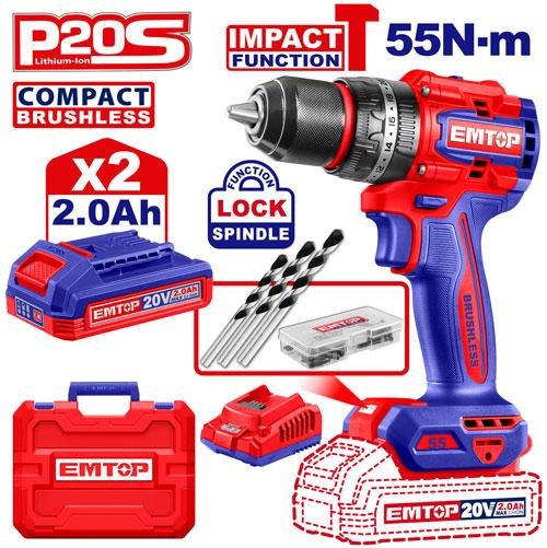 Taladro Percutor 13mm BL. 55Nm 2x Bat. 20V 2Ah (Compact) (M) Emtop