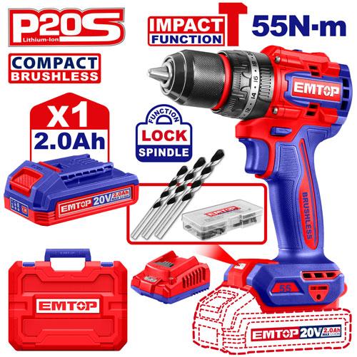 Taladro Percutor 13mm BL. 55Nm 1x Bat. 20V 2Ah (Compact) (M) Emtop
