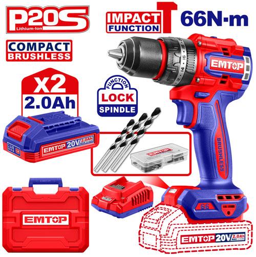 Taladro Percutor 13mm BL. 66Nm 2x Bat. 20V 2Ah (Compact) (M) Emtop