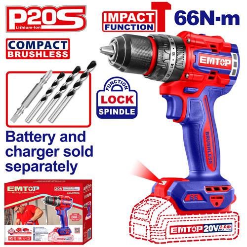 Taladro Percutor 13mm BL. 66Nm 20V sin Bateria. (Compact) Emtop