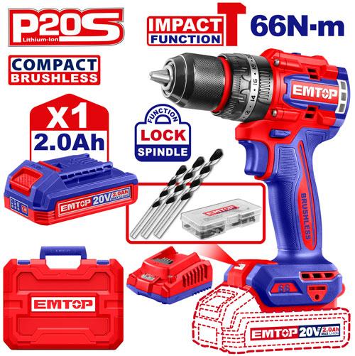 Taladro Percutor 13mm BL. 66Nm 1x Bat. 20V 2Ah (Compact) (M) Emtop