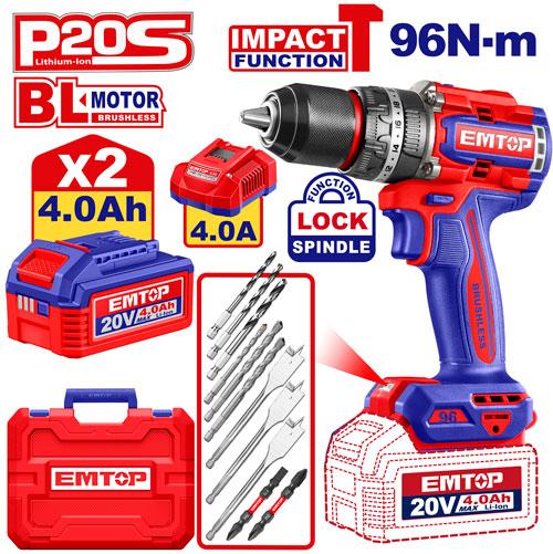 Taladro Percutor 13mm BL. 96Nm 2x Bat. 20V 4Ah (Compact) (M) Emtop*