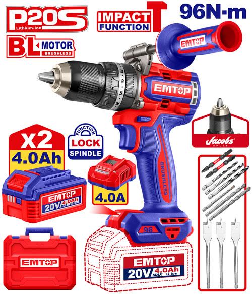 Taladro Percutor 13mm BL. 96Nm 20V 2x Bat. 20V 4Ah (c/ Manija) (M) Emtop