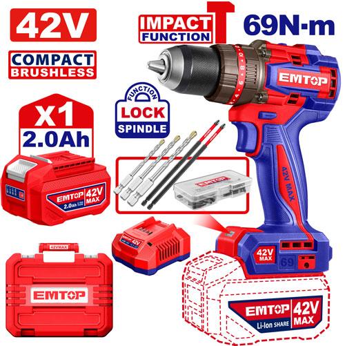 Taladro Percutor 13mm BL. 69Nm 1x Bat. 42V 2Ah (M) Emtop