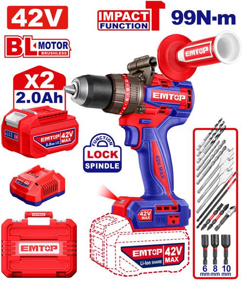 Taladro Percutor 13mm BL. 99Nm 2x Bat. 42V 2Ah (M) Emtop