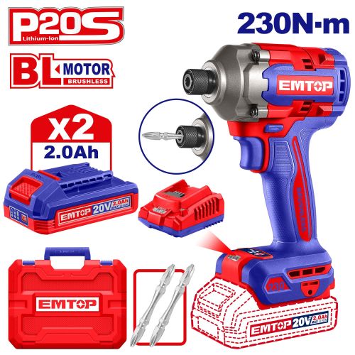 Atornillador de Impacto 1/4" BL. 230Nm. 2x Bat 20V 2Ah. (M) Emtop