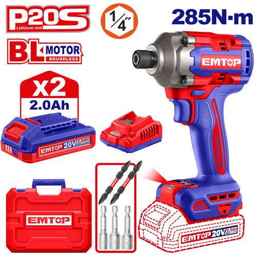 Atornillador de Impacto 1/4" BL. 285Nm. 2x Bat 20V 2Ah. (M) Emtop