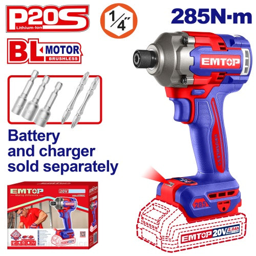 Atornillador de Impacto 1/4" BL. 285Nm. + Acc. sin baterias EMTOP