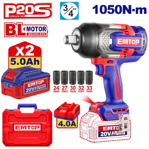 Llave de Impacto 3/4" BL 1050Nm 2x Bat 20V 5Ah + Acc. (M) EMTOP