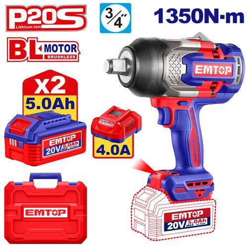 Llave de Impacto 3/4" BL 1350Nm 2x Bat 20V 5Ah + Acc. (M) EMTOP