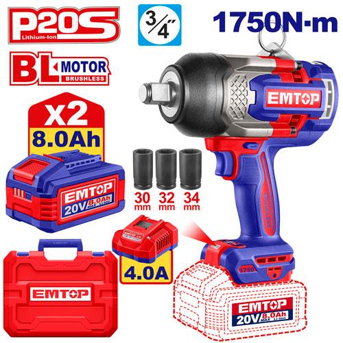 Llave de Impacto 3/4" BL 1750Nm 2x Bat 20V 8Ah + Acc. (M) EMTOP