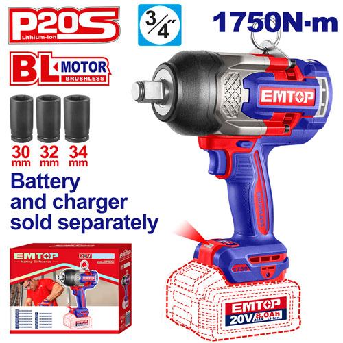 Llave de Impacto 3/4" BL 1750Nm + Acc. sin baterias EMTOP