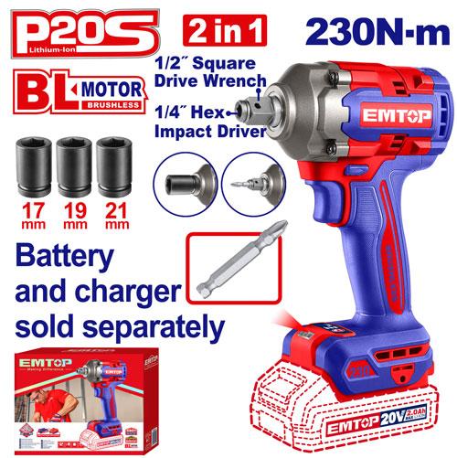 Atornillador 1/4" + Llave de Imp. 1/2" BL 230Nm 20V + Acc. Sin baterias EMTOP