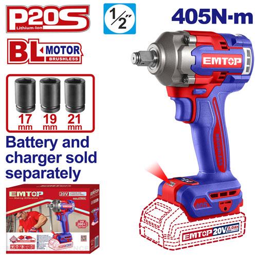 Llave de Impacto 1/2" BL 405Nm + Acc. sin baterias Emtop