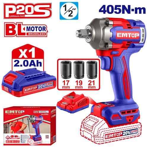 Llave de Impacto 1/2" BL 405Nm 1x Bat 20V 2Ah + Acc. EMTOP