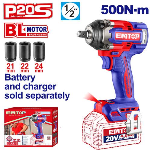 Llave de Impacto 1/2" BL 500Nm + Acc. sin baterias EMTOP*