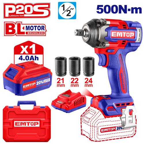 Llave de Impacto 1/2" BL 500Nm 1x Bat 20V 4Ah + Acc. (M) EMTOP*