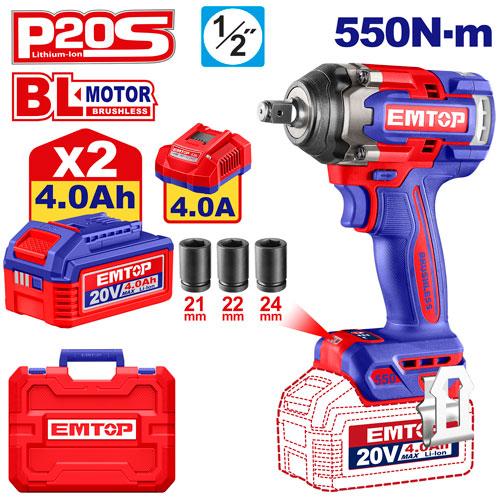 Llave de Impacto 1/2" BL 550Nm 2x Bat 20V 4Ah + Acc. (M) Emtop