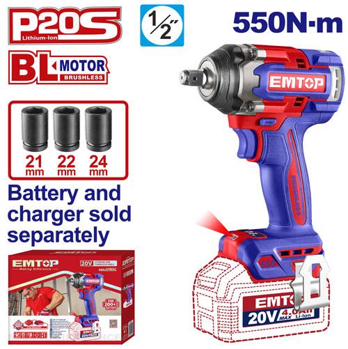 Llave de Impacto 1/2" BL 550Nm + Acc. sin baterias EMTOP