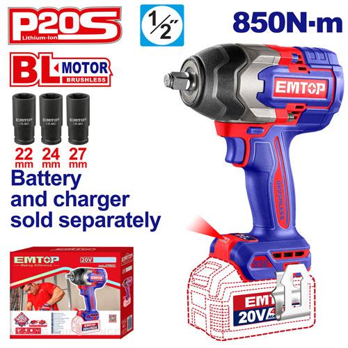 Llave de Impacto 1/2" BL 850Nm + Acc. sin baterias EMTOP