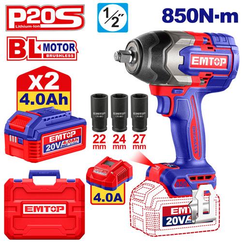 Llave de Impacto 1/2" BL 850Nm 2x Bat 20V 4Ah + Acc. (M) EMTOP